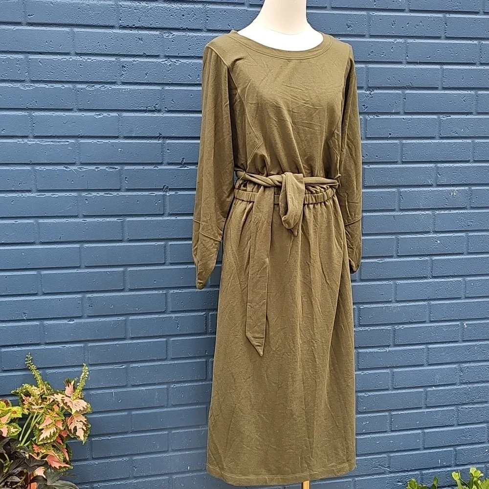 Anthropologie Women's Thalia Fleece Olive Green Sweatshirt Midi Dress. Sz M